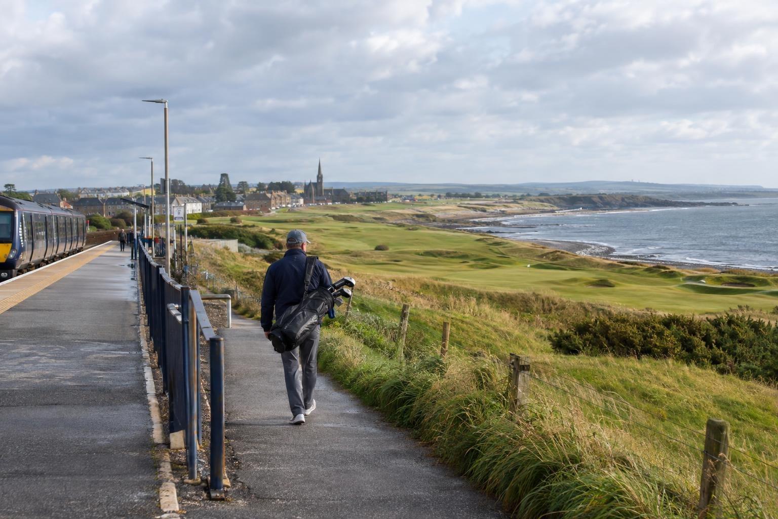 A person walks beside a railway platform overlooking grassy fields and the rugged Angus coastline under cloudy skies.