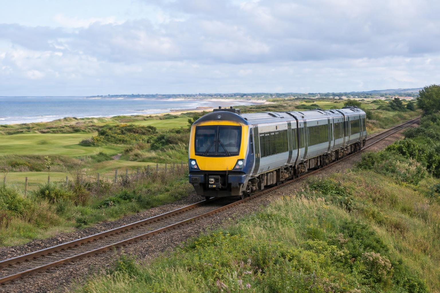 A passenger train travels along coastal tracks through green countryside beside the sea in Angus.