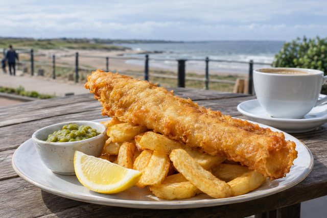 Battered fish and chips with mushy peas and lemon sit beside a hot drink on a table overlooking the Angus coast.
